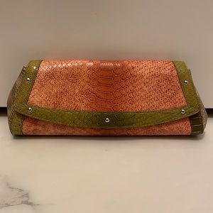 Cole Haan Reptile Embossed Clutch in Pink & Green
